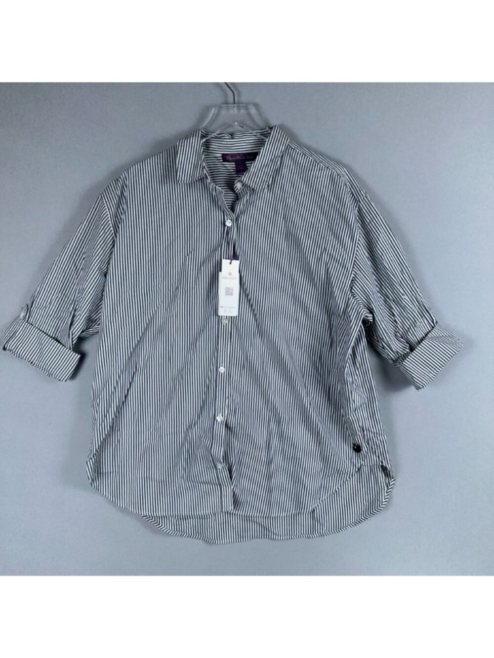 Gloria Vanderbilt Button-Down Shirt Size Large Black White 100% Cotton Striped - Picture 5 of 15